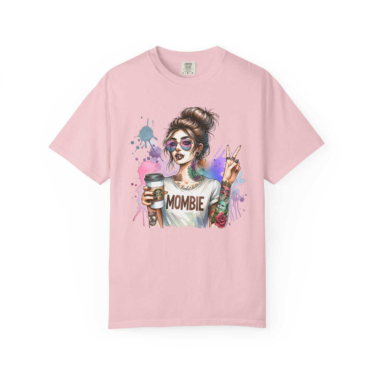Cool Mombie with Coffee Peace Tattoo - Comfort Colors | Trendy Women's T-Shirt. Direct to Garment. Printed & Shipped in the USA. Unisex Sizes.