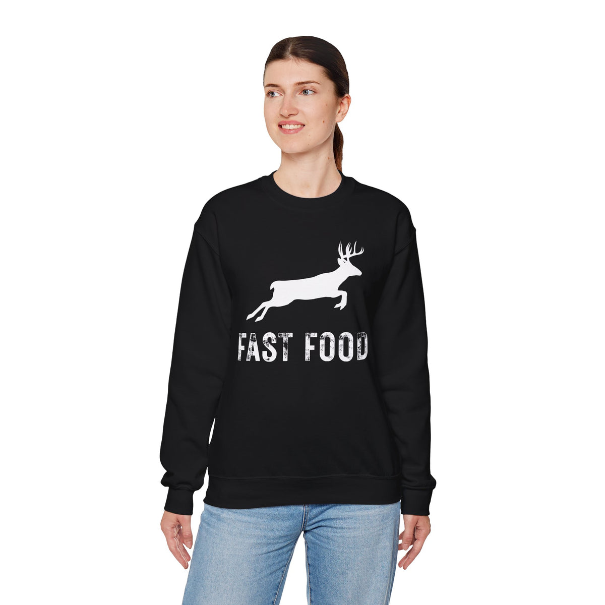 Fast Food Deer Hunting Humor Distressed – Gildan Heavy Blend | Trendy Men's and Women’s Soft Sweatshirt. Direct to Garment. Printed & Shipped in the USA. Unisex Sizes.