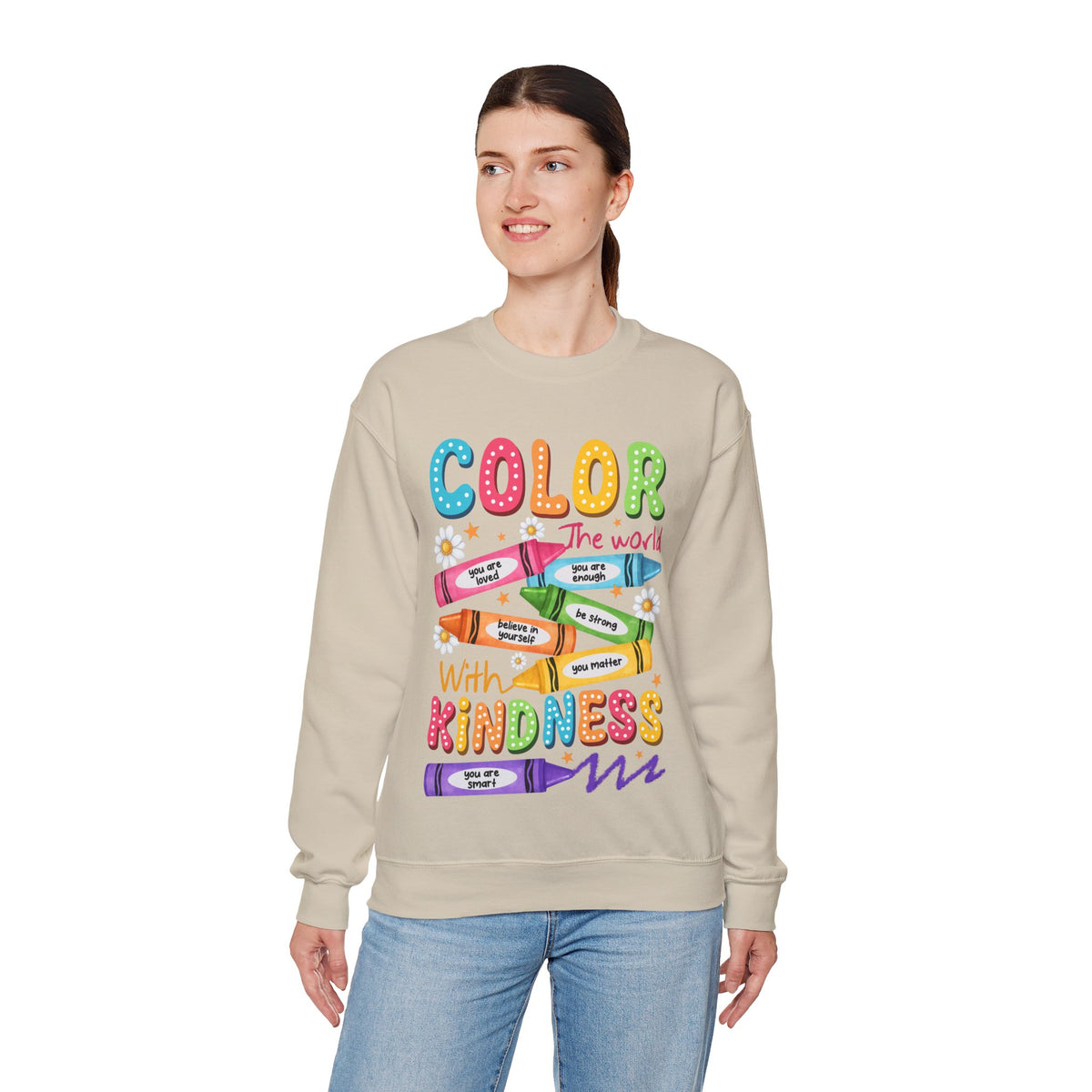 Color the World With Kindness Crayons, Great Teacher Gift – Gildan Heavy Blend | Trendy Women’s and Men's Soft Sweatshirt. Direct to Garment. Printed & Shipped in the USA. Unisex Sizes.