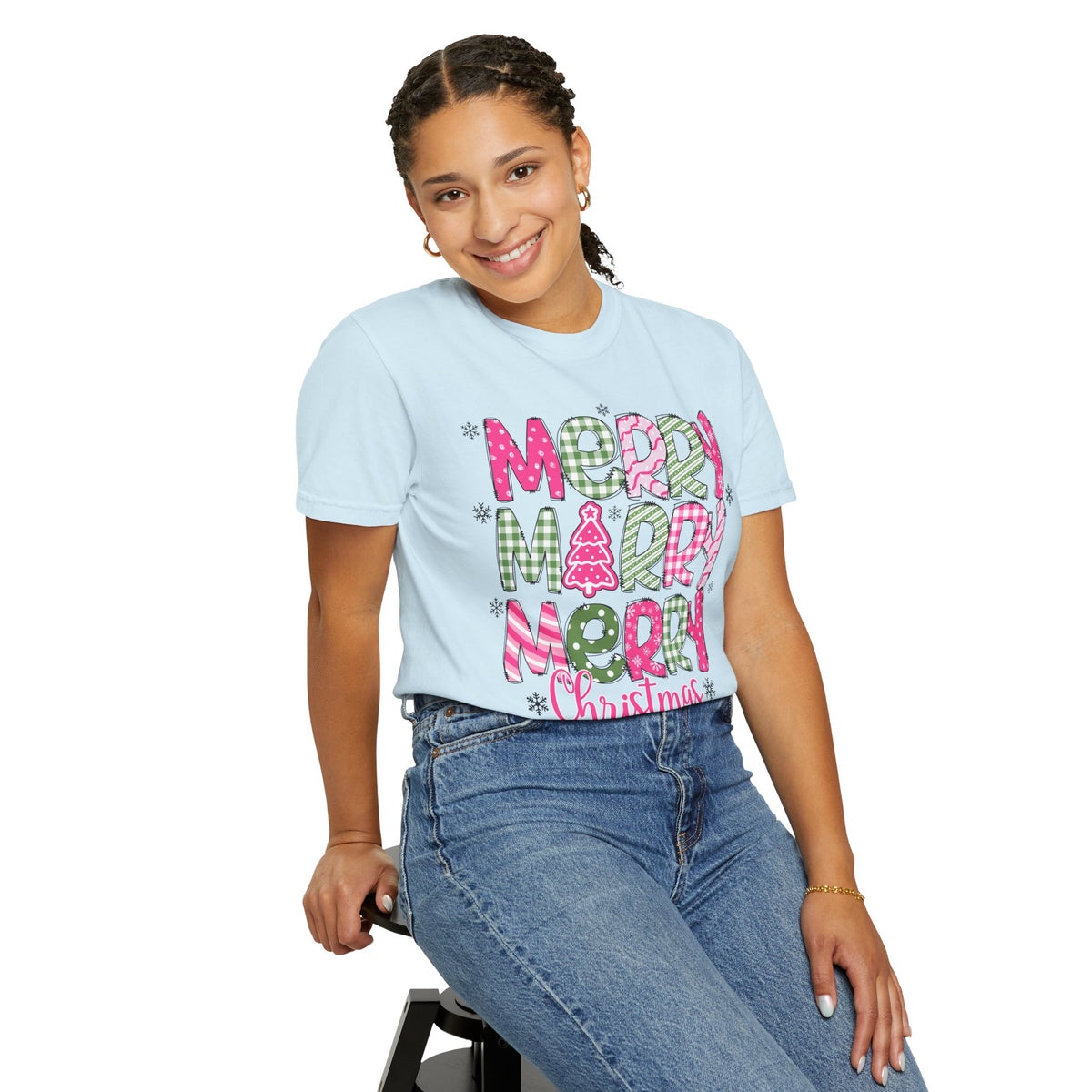 Merry Merry Merry Christmas, Festive Candy Cane & Pink and Green Plaid - Comfort Colors | Trendy Women's T-Shirt. Direct to Garment. Printed & Shipped in the USA. Unisex Sizes.