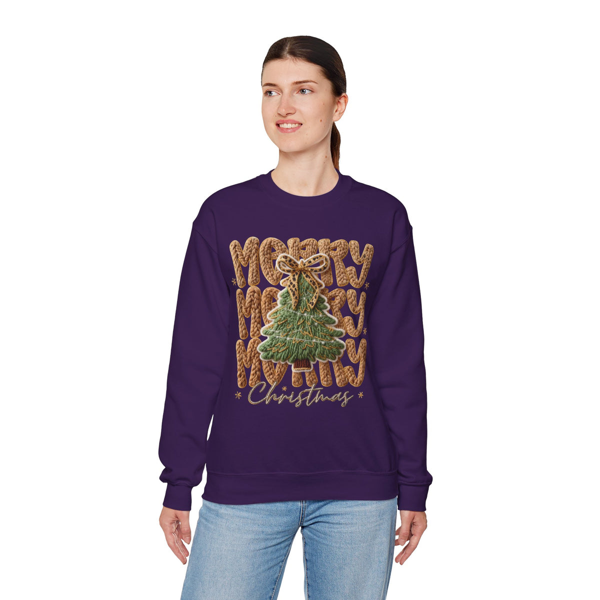 Merry Merry Merry Christmas, Faux Latch Hook Yarn – Gildan Heavy Blend | Trendy Women’s Soft Sweatshirt. Direct to Garment. Printed & Shipped in the USA. Unisex Sizes.