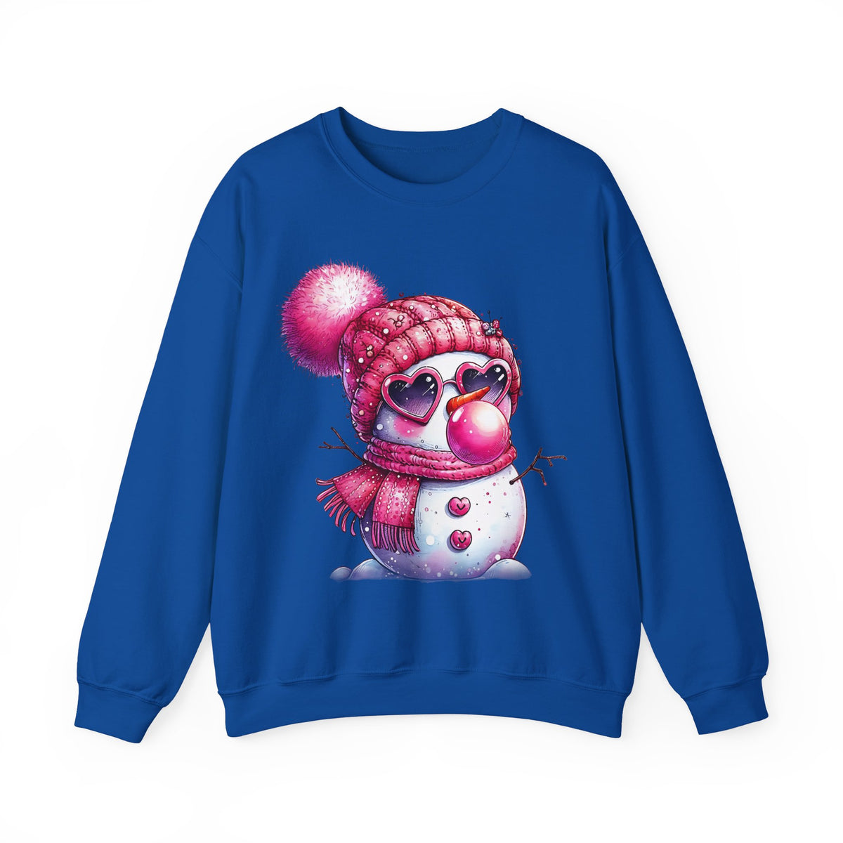 Pink Girly Snowman with Heart Sunglasses and Bubblegum - Winter – Gildan Heavy Blend | Trendy Women’s Soft Sweatshirt. Direct to Garment. Printed & Shipped in the USA. Unisex Sizes.