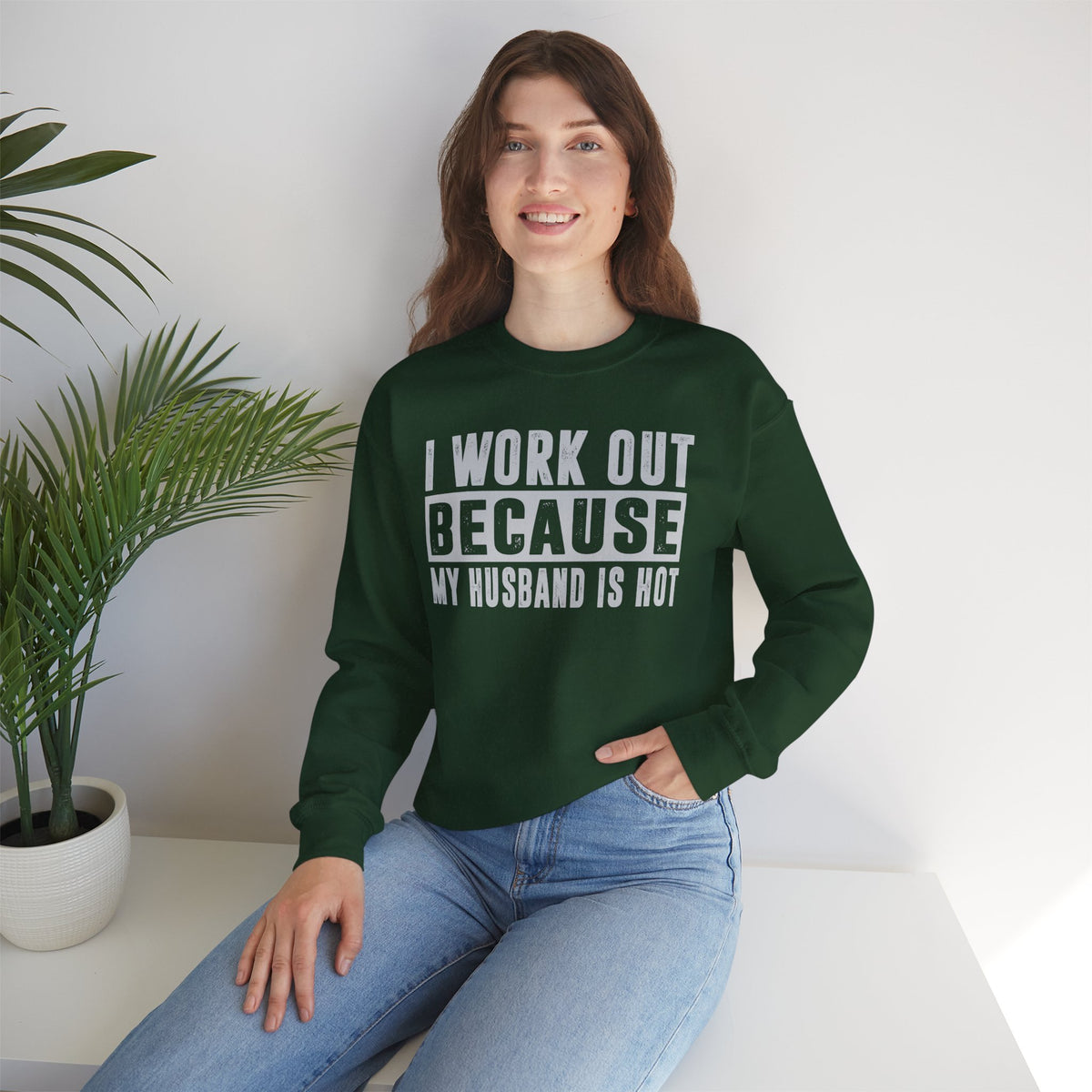 I Work Out Because My Husband Is Hot – Gildan Heavy Blend | Trendy Women’s Soft Sweatshirt. Direct to Garment. Printed & Shipped in the USA. Unisex Sizes.