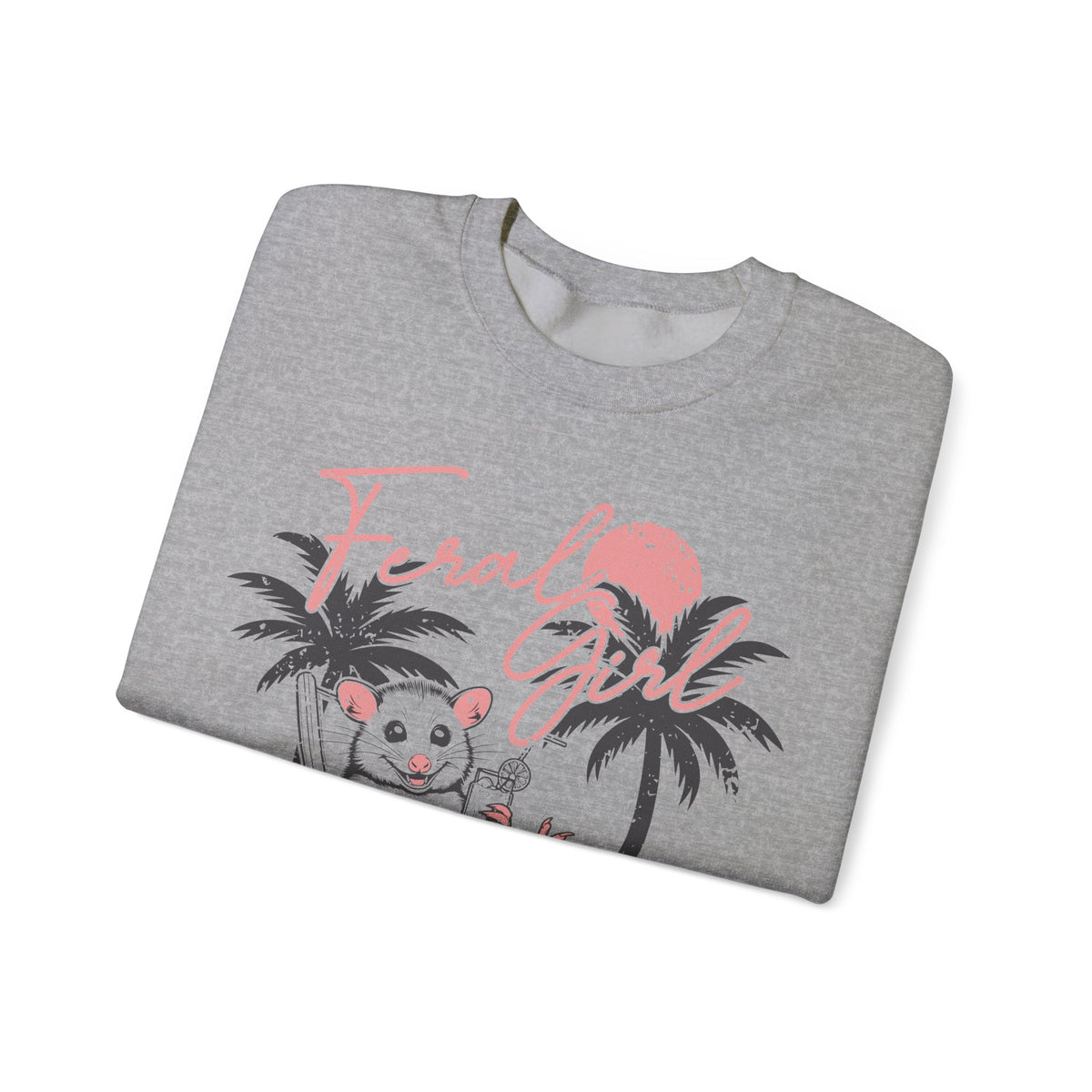 Feral Girl Summer, Possum on a Beach – Gildan Heavy Blend | Trendy Women’s Soft Sweatshirt. Direct to Garment. Printed & Shipped in the USA. Unisex Sizes.