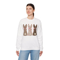 Easter Bunny Trio - Checkered, Floral & Leopard – Gildan Heavy Blend | Trendy Women’s Soft Sweatshirt. Direct to Garment. Printed & Shipped in the USA. Unisex Sizes.