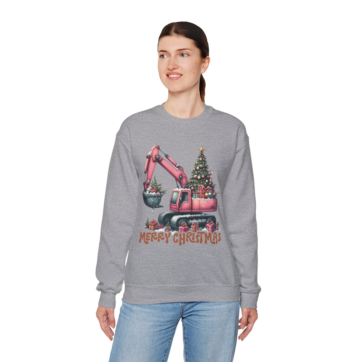 Excavator Merry Christmas Construction – Gildan Heavy Blend | Trendy Women’s Soft Sweatshirt. Direct to Garment. Printed & Shipped in the USA. Unisex Sizes.
