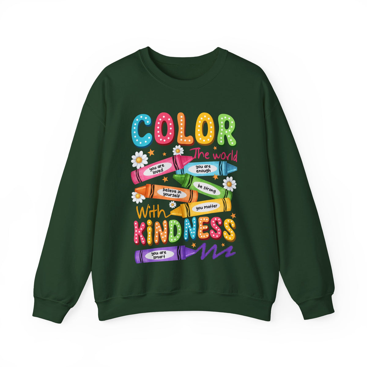 Color the World With Kindness Crayons, Great Teacher Gift – Gildan Heavy Blend | Trendy Women’s and Men's Soft Sweatshirt. Direct to Garment. Printed & Shipped in the USA. Unisex Sizes.
