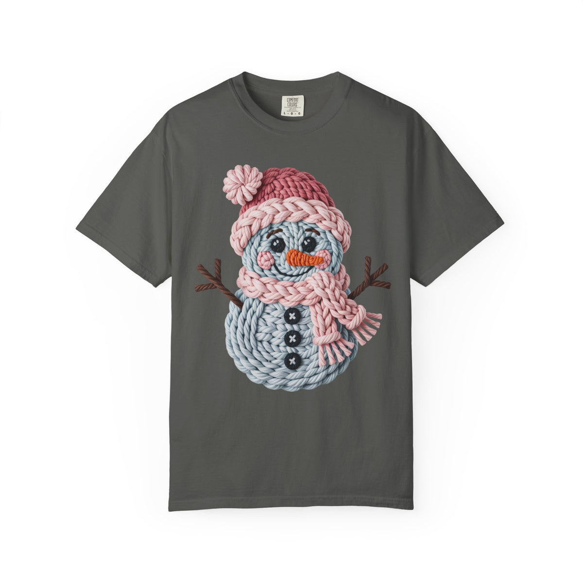 Cute Yarn Snowman - Pink Scarf - Comfort Colors | Trendy Women's T-Shirt. Direct to Garment. Printed & Shipped in the USA. Unisex Sizes.