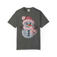 Cute Yarn Snowman - Pink Scarf - Comfort Colors | Trendy Women's T-Shirt. Direct to Garment. Printed & Shipped in the USA. Unisex Sizes.