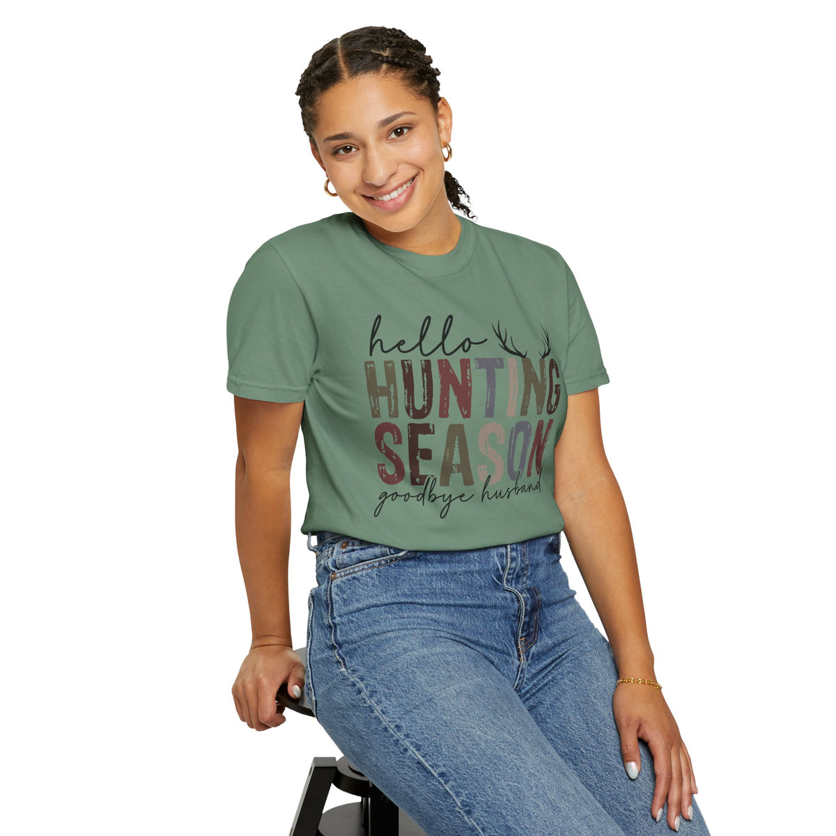 Hello Hunting Season Goodbye Husband Camouflage Wife - Comfort Colors | Trendy Women's T-Shirt. Direct to Garment. Printed & Shipped in the USA. Unisex Sizes.
