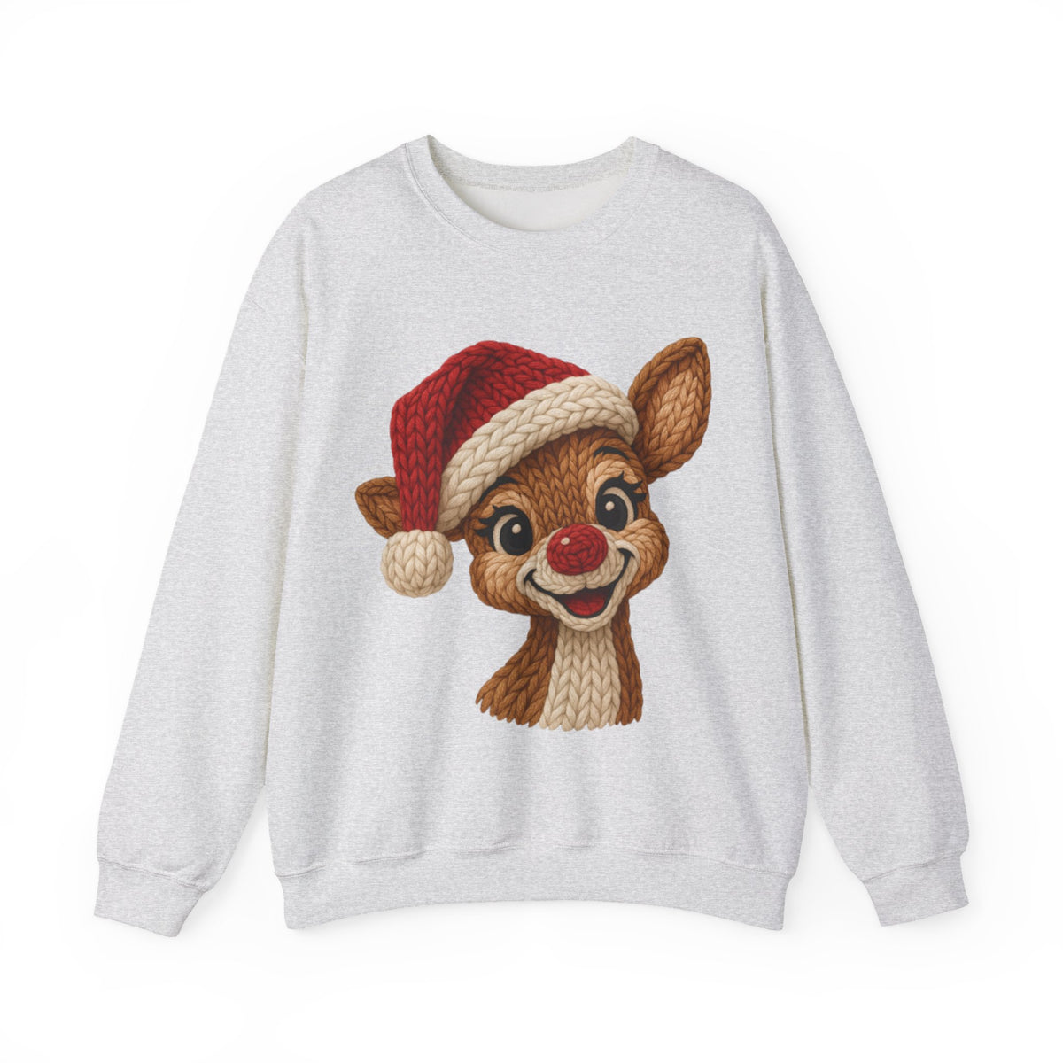 Cute Rudolph Faux Knit Look Reindeer w/Santa Hat – Gildan Heavy Blend | Trendy Women’s Soft Sweatshirt. Direct to Garment. Printed & Shipped in the USA. Unisex Sizes.