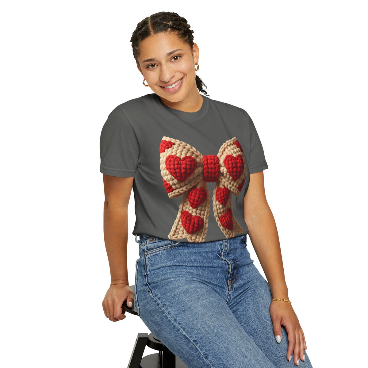 Faux Crochet Valentine Bow - Comfort Colors | Trendy Women's T-Shirt. Direct to Garment. Printed & Shipped in the USA. Unisex Sizes.