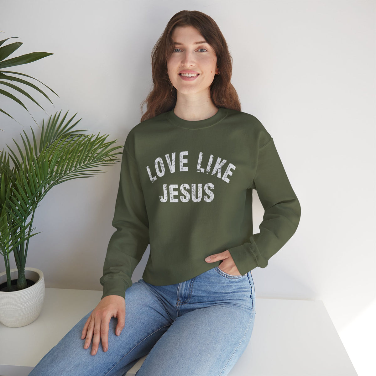 Love Like Jesus - Distressed – Gildan Heavy Blend | Trendy Men's and Women’s Soft Sweatshirt. Direct to Garment. Printed & Shipped in the USA. Unisex Sizes.