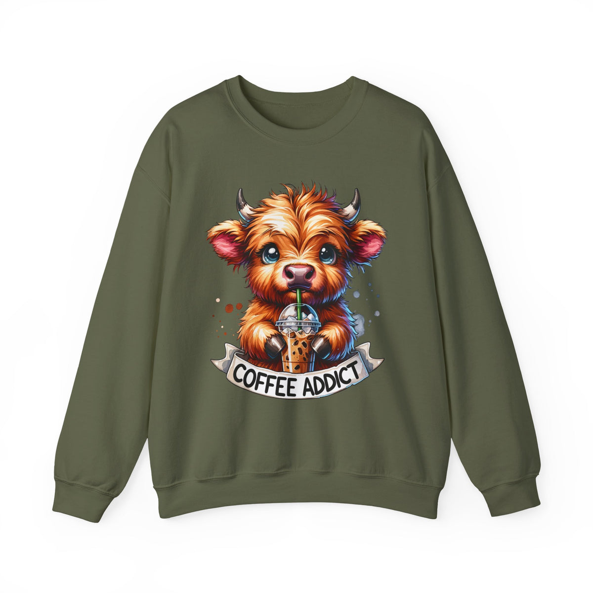 Coffee Addict Highland Cow Drinking Iced Coffee – Gildan Heavy Blend | Trendy Women’s Soft Sweatshirt. Direct to Garment. Printed & Shipped in the USA. Unisex Sizes.