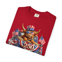 Patriotic Highland, America's 250th Birthday - Comfort Colors | Trendy Women's and Men's T-Shirt. Direct to Garment. Printed & Shipped in the USA. Unisex Sizes.