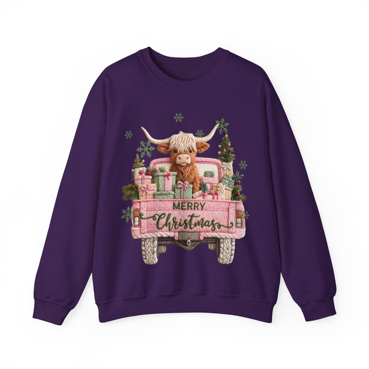 Highland Cow in Pink Truck Merry Christmas Holiday Farmhouse – Gildan Heavy Blend | Trendy Women’s Soft Sweatshirt. Direct to Garment. Printed & Shipped in the USA. Unisex Sizes.