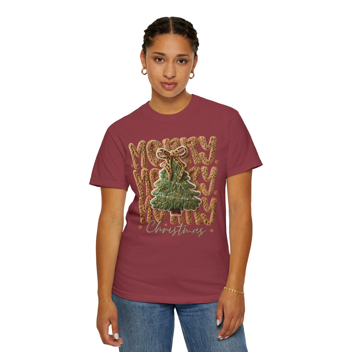 Merry Merry Merry Christmas, Faux Latch Hook Yarn - Comfort Colors | Trendy Women's T-Shirt. Direct to Garment. Printed & Shipped in the USA. Unisex Sizes.