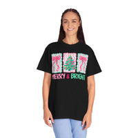 Merry & Bright Christmas — Pink & Green Holiday Tree Design - Comfort Colors | Trendy Women's T-Shirt. Direct to Garment. Printed & Shipped in the USA. Unisex Sizes.