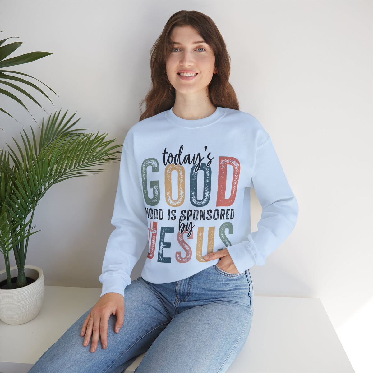 Today's Good Mood Sponsored By Jesus, Christian, Faith – Gildan Heavy Blend | Trendy Women’s Soft Sweatshirt. Direct to Garment. Printed & Shipped in the USA. Unisex Sizes.