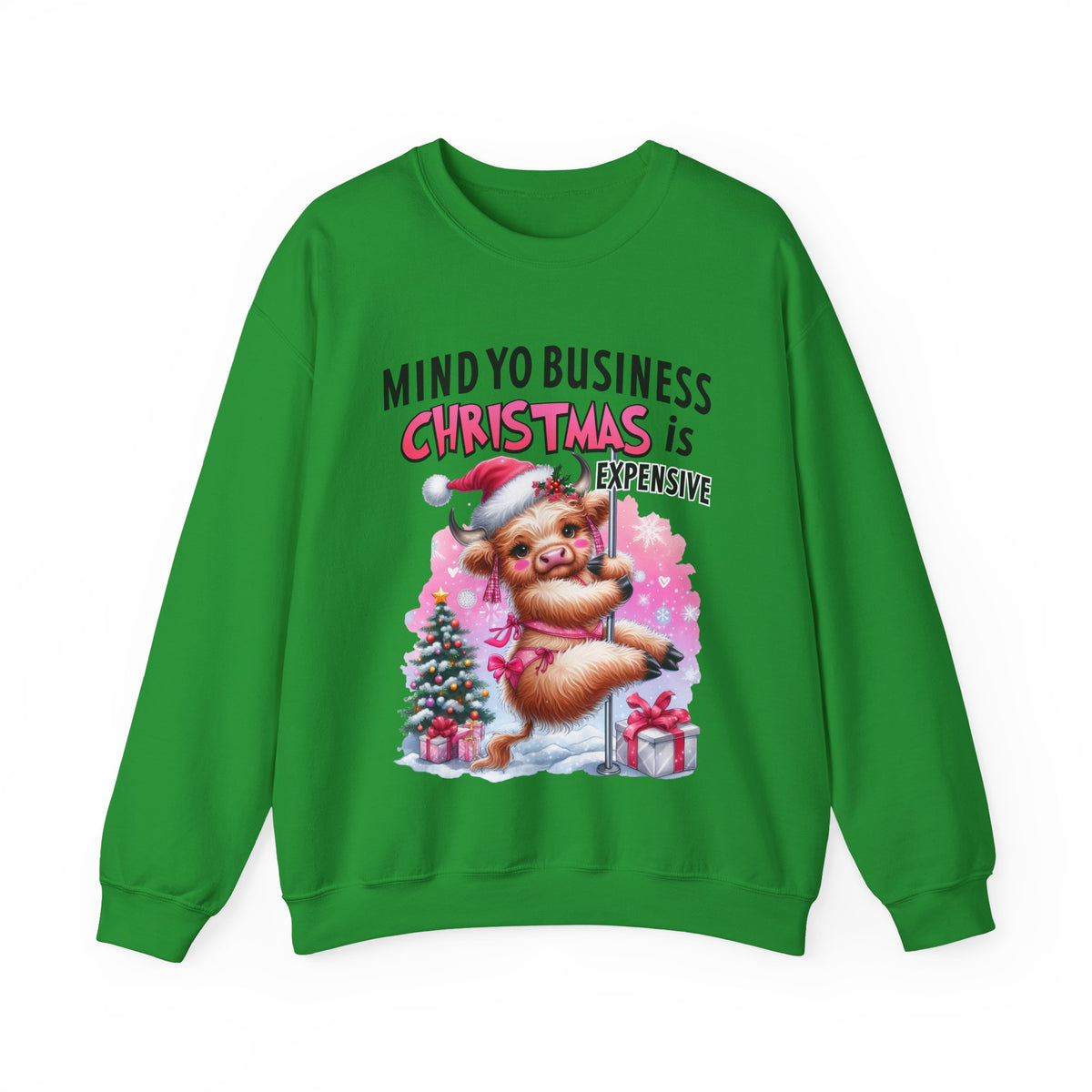 Highland Cow Mind Yo Business Christmas is Expensive – Gildan Heavy Blend | Trendy Women’s Soft Sweatshirt. Direct to Garment. Printed & Shipped in the USA. Unisex Sizes.