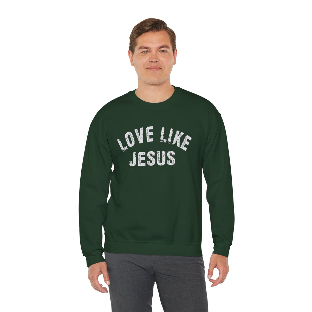Love Like Jesus - Distressed – Gildan Heavy Blend | Trendy Men's and Women’s Soft Sweatshirt. Direct to Garment. Printed & Shipped in the USA. Unisex Sizes.