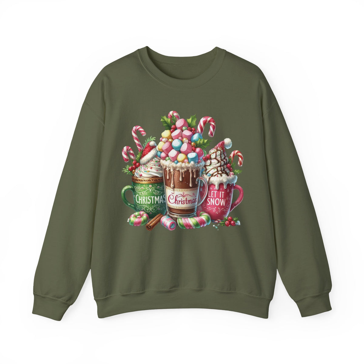 Hot Chocolate Mugs Christmas Hot Cocoa – Gildan Heavy Blend | Trendy Women’s Soft Sweatshirt. Direct to Garment. Printed & Shipped in the USA. Unisex Sizes.