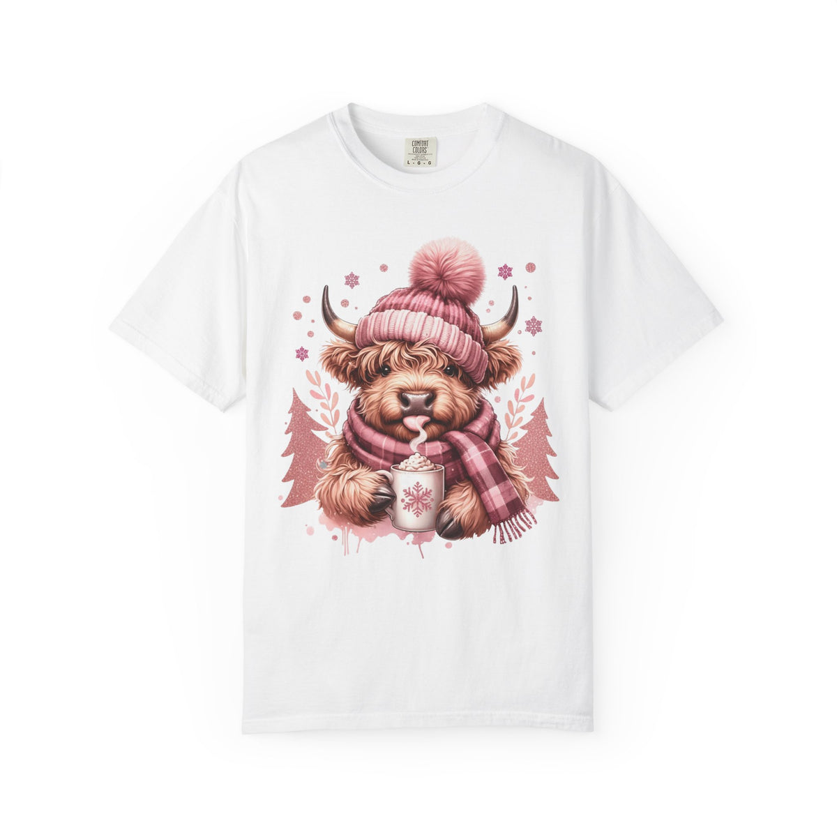 Cozy Highland Cow, Winter Coffee Mug & Scarf - Comfort Colors | Trendy Women's T-Shirt. Direct to Garment. Printed & Shipped in the USA. Unisex Sizes.