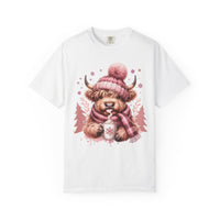 Cozy Highland Cow, Winter Coffee Mug & Scarf - Comfort Colors | Trendy Women's T-Shirt. Direct to Garment. Printed & Shipped in the USA. Unisex Sizes.
