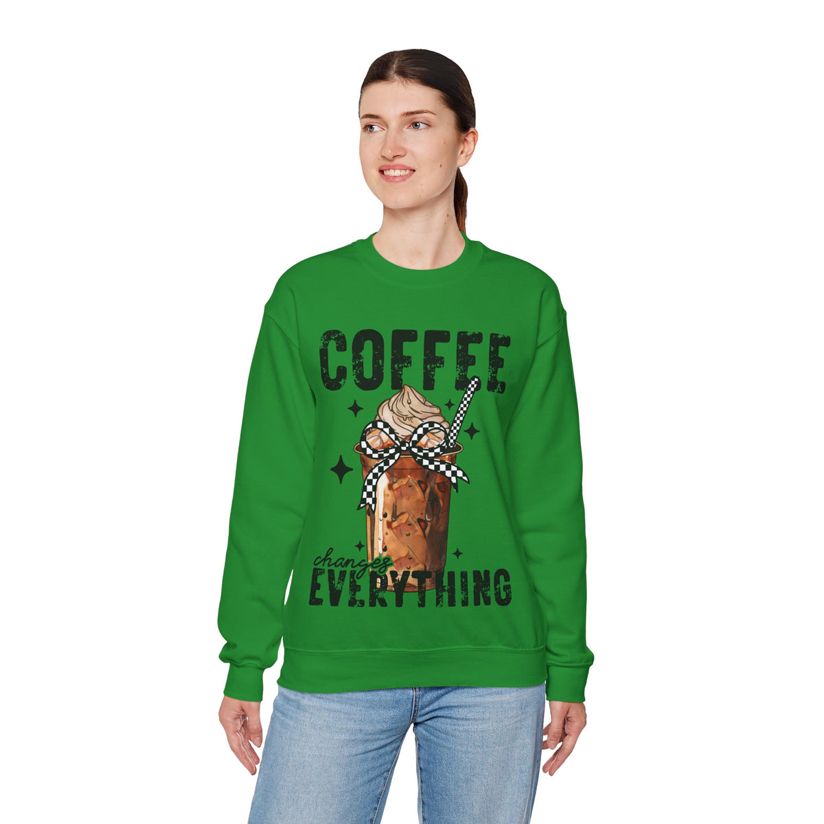 Coffee Changes Everything, Iced Coffee, Coffee Lovers – Gildan Heavy Blend | Trendy Women’s Soft Sweatshirt. Direct to Garment. Printed & Shipped in the USA. Unisex Sizes.