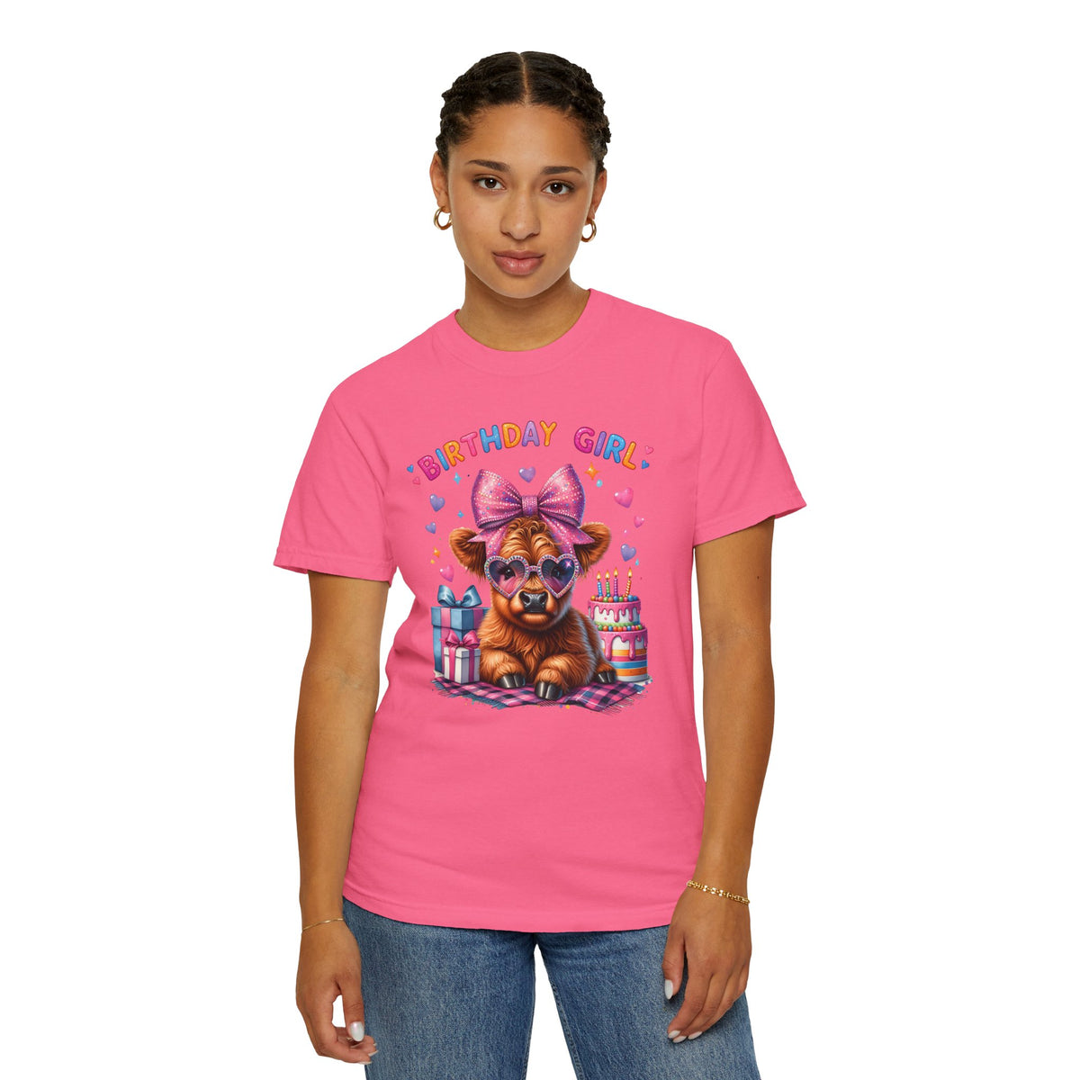 Birthday Girl, Highland Cow - Comfort Colors | Trendy Women's T-Shirt. Direct to Garment. Printed & Shipped in the USA. Unisex Sizes.