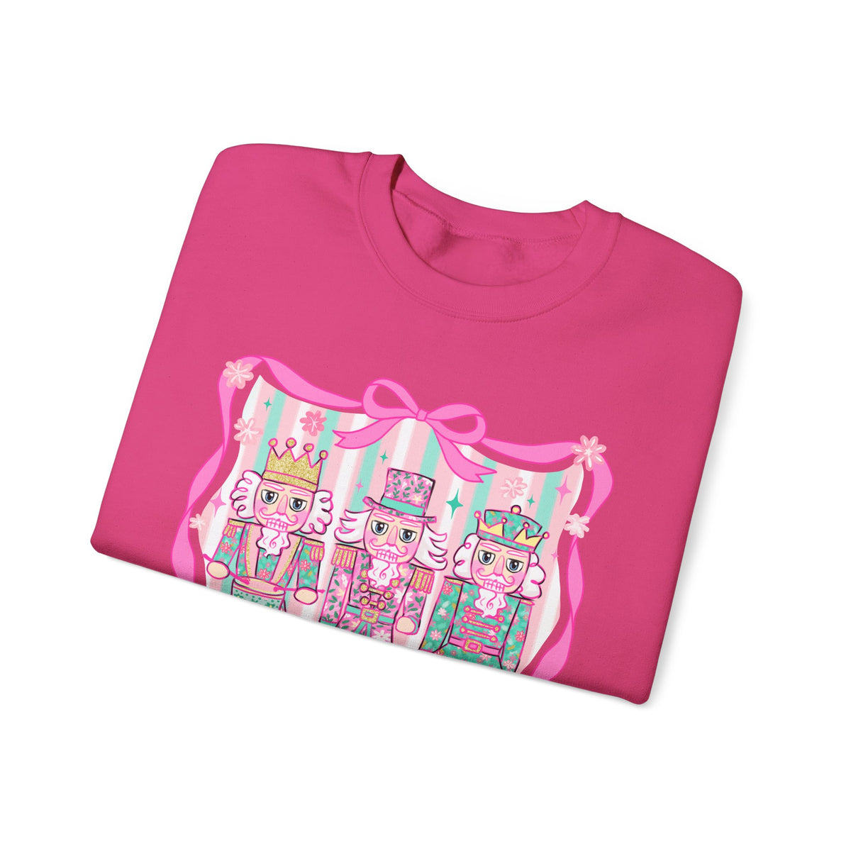 Coquette Pastel Christmas Nutcracker Trio Pink and Green – Gildan Heavy Blend | Trendy Women’s Soft Sweatshirt. Direct to Garment. Printed & Shipped in the USA. Unisex Sizes.