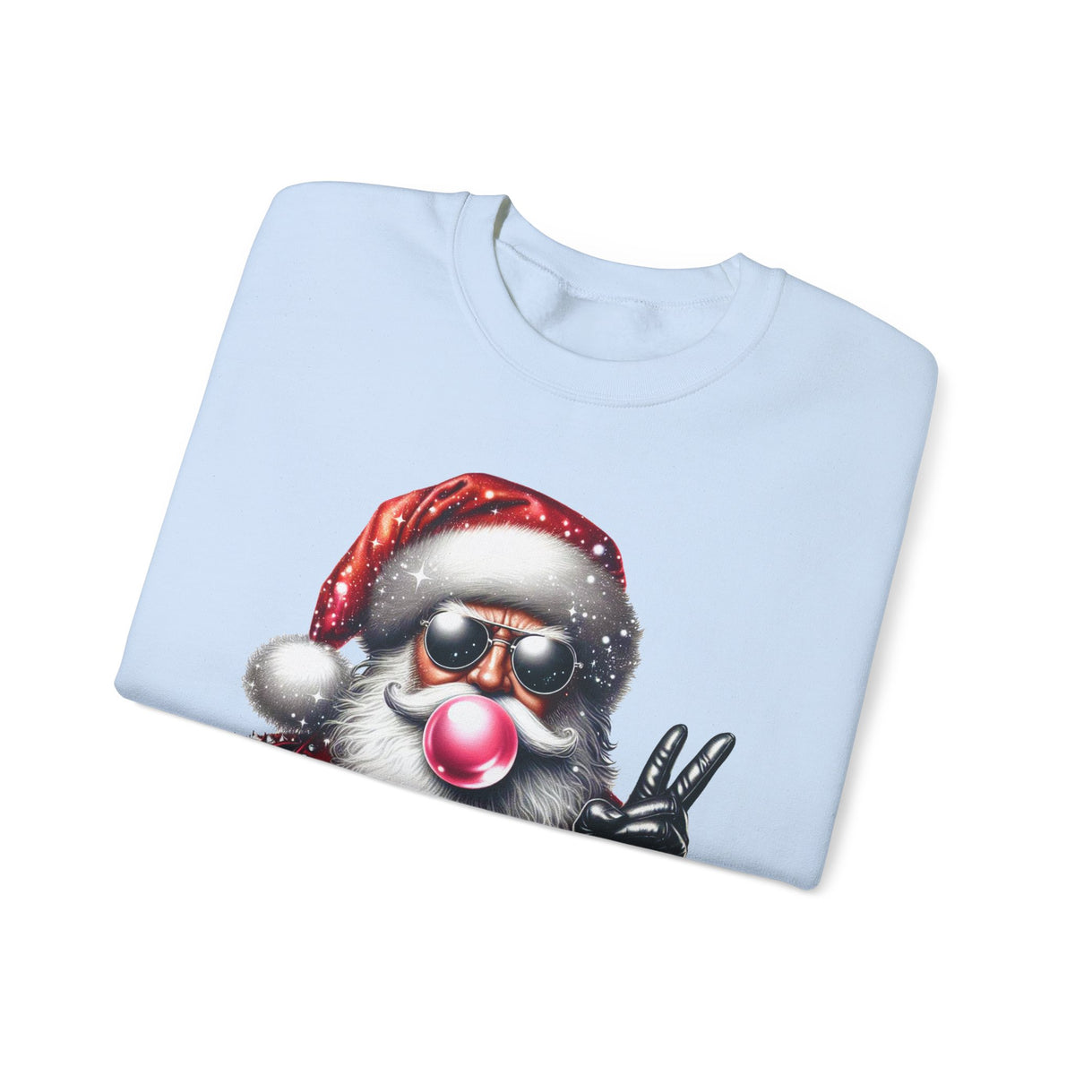 Biker Santa Leather Jacket Bubblegum – Gildan Heavy Blend | Trendy Women’s and Men's Soft Sweatshirt. Direct to Garment. Printed & Shipped in the USA. Unisex Sizes.