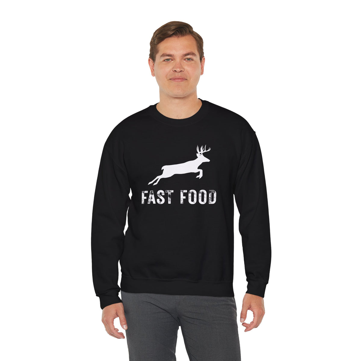 Fast Food Deer Hunting Humor Distressed – Gildan Heavy Blend | Trendy Men's and Women’s Soft Sweatshirt. Direct to Garment. Printed & Shipped in the USA. Unisex Sizes.