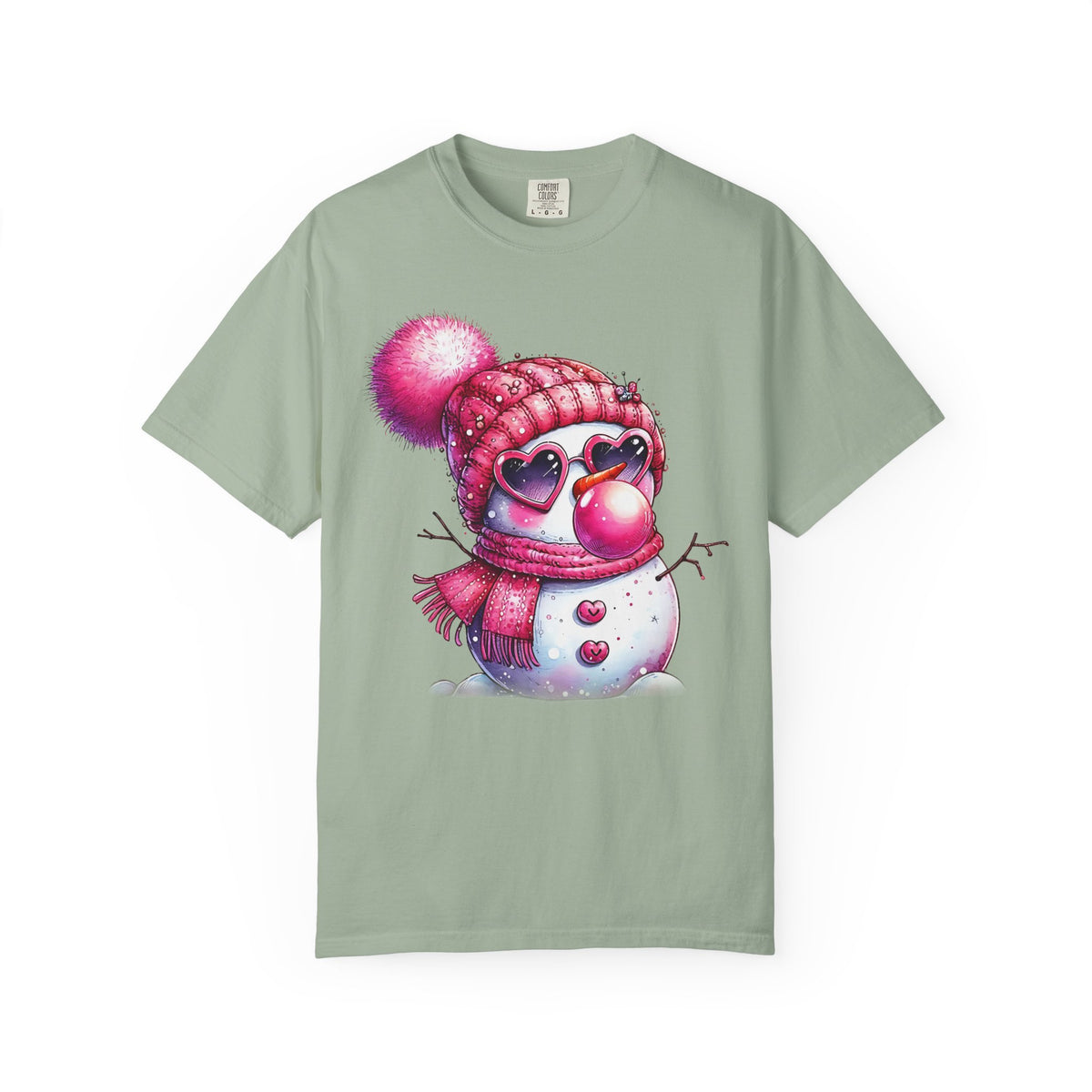 Pink Girly Snowman with Heart Sunglasses and Bubblegum Winter - Comfort Colors | Trendy Women's T-Shirt. Direct to Garment. Printed & Shipped in the USA. Unisex Sizes.