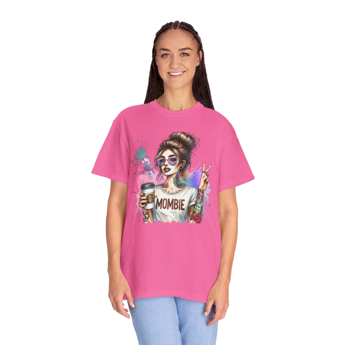 Cool Mombie with Coffee Peace Tattoo - Comfort Colors | Trendy Women's T-Shirt. Direct to Garment. Printed & Shipped in the USA. Unisex Sizes.