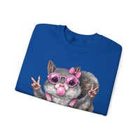 Cute But Feral, Squirrel in Pink Bibs – Gildan Heavy Blend | Trendy Women’s Soft Sweatshirt. Direct to Garment. Printed & Shipped in the USA. Unisex Sizes.