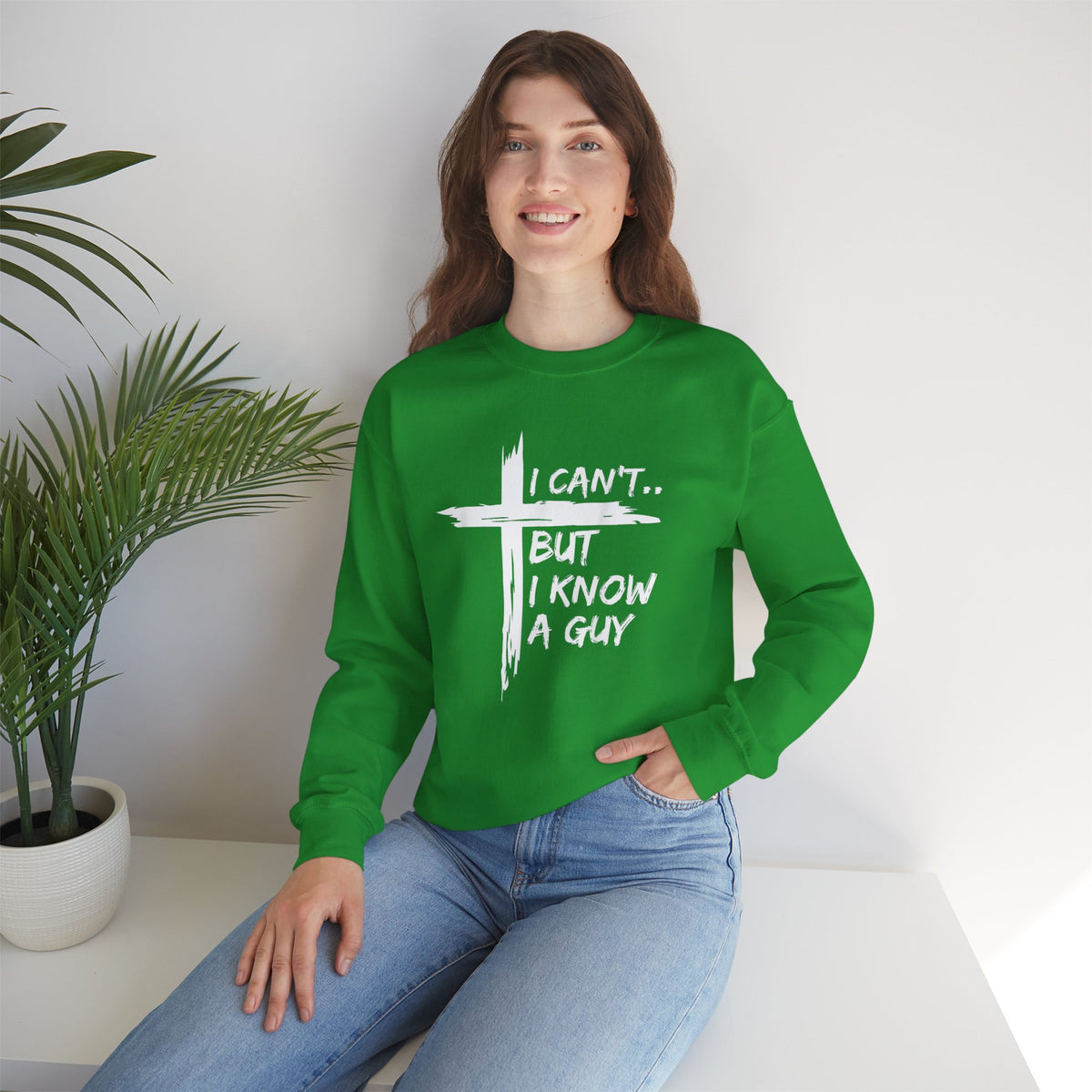 I Can't But I Know A Guy, Faith Cross Christian Jesus – Gildan Heavy Blend | Trendy Women’s and Men's Soft Sweatshirt. Direct to Garment. Printed & Shipped in the USA. Unisex Sizes.