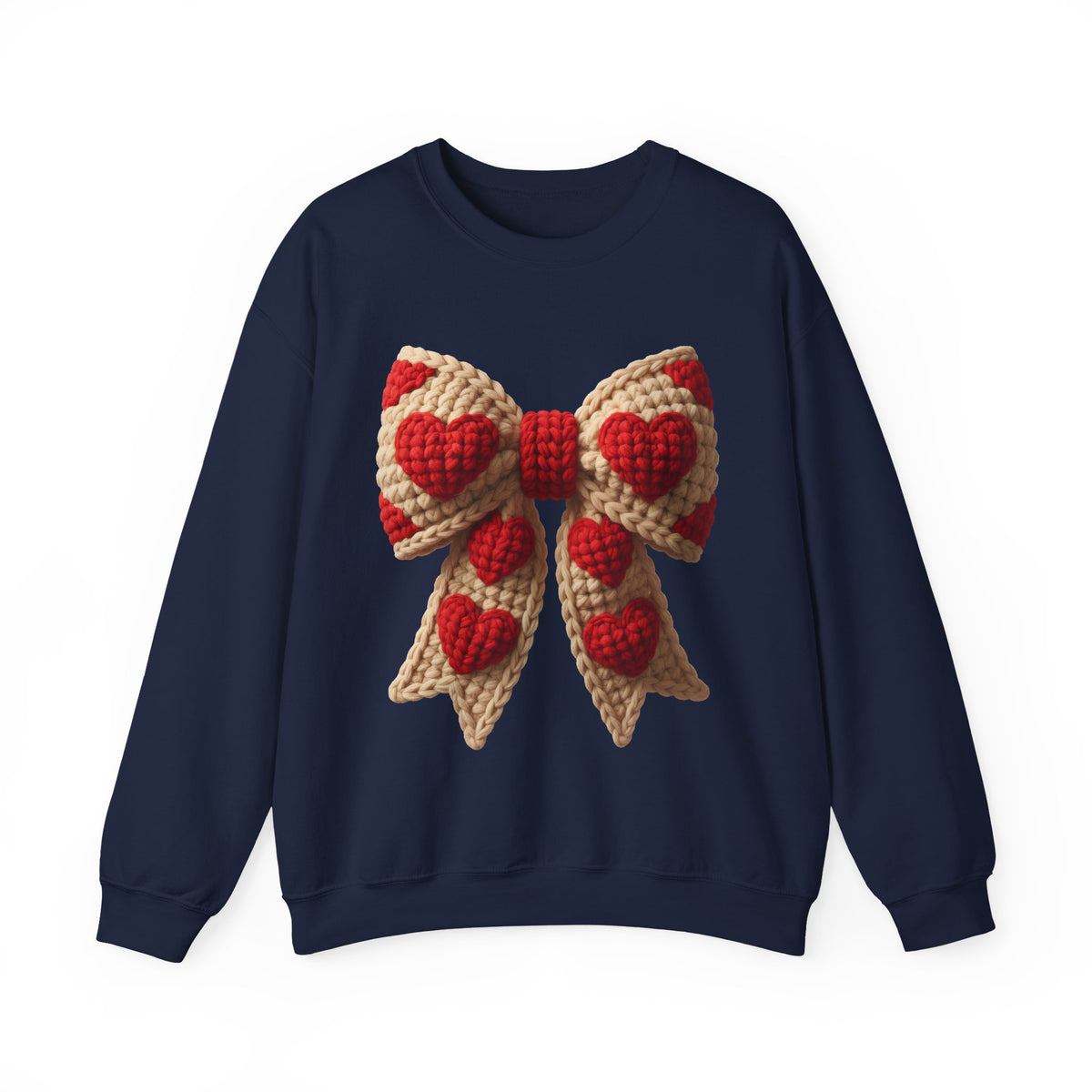 Faux Crochet Valentine Bow – Gildan Heavy Blend | Trendy Women’s Soft Sweatshirt. Direct to Garment. Printed & Shipped in the USA. Unisex Sizes.