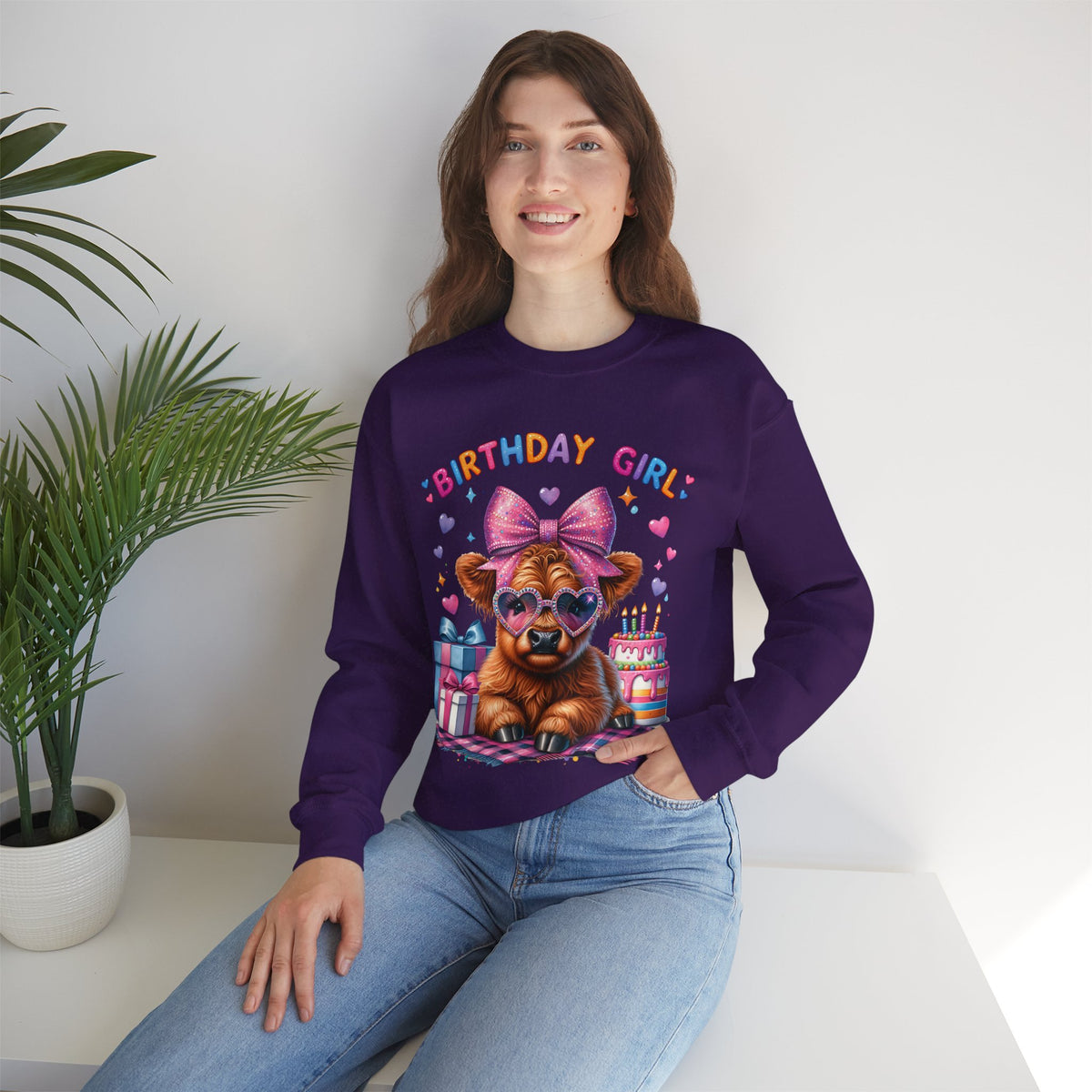 Birthday Girl, Highland Cow – Gildan Heavy Blend | Trendy Women’s Soft Sweatshirt. Direct to Garment. Printed & Shipped in the USA. Unisex Sizes.