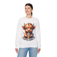 Coffee Addict Highland Cow Drinking Iced Coffee – Gildan Heavy Blend | Trendy Women’s Soft Sweatshirt. Direct to Garment. Printed & Shipped in the USA. Unisex Sizes.