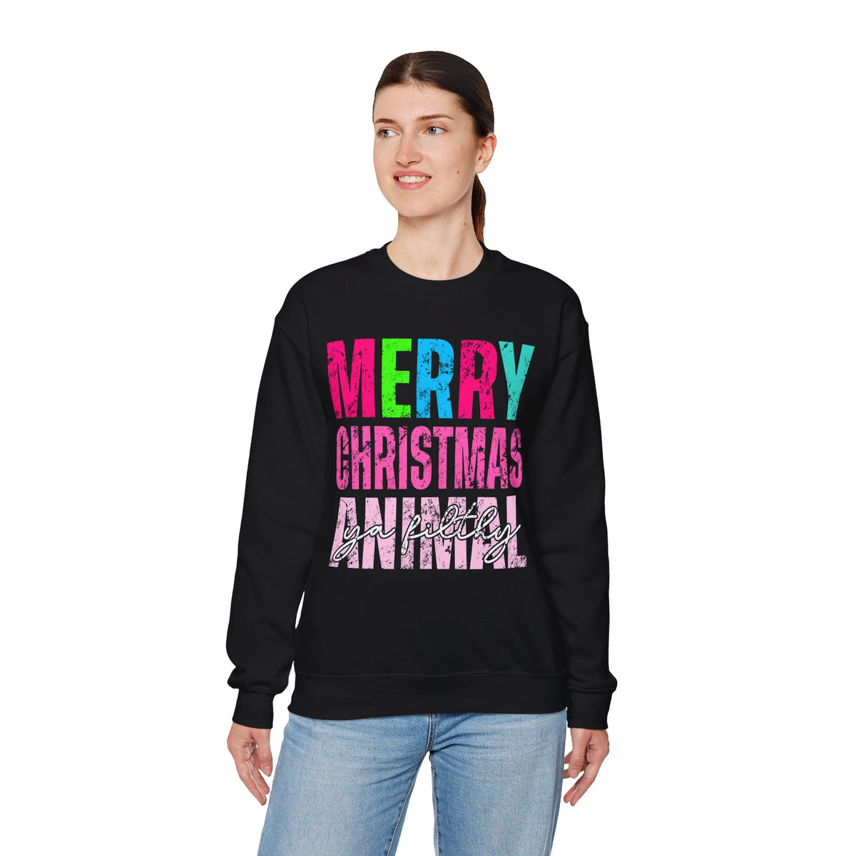 Merry Christmas Ya Filthy Animal – Gildan Heavy Blend | Trendy Women’s Soft Sweatshirt. Direct to Garment. Printed & Shipped in the USA. Unisex Sizes.