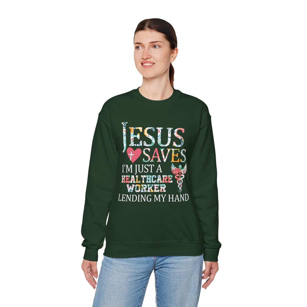 Jesus Saves - Healthcare Worker Lending My Hand – Gildan Heavy Blend | Trendy Women’s Soft Sweatshirt. Direct to Garment. Printed & Shipped in the USA. Unisex Sizes.