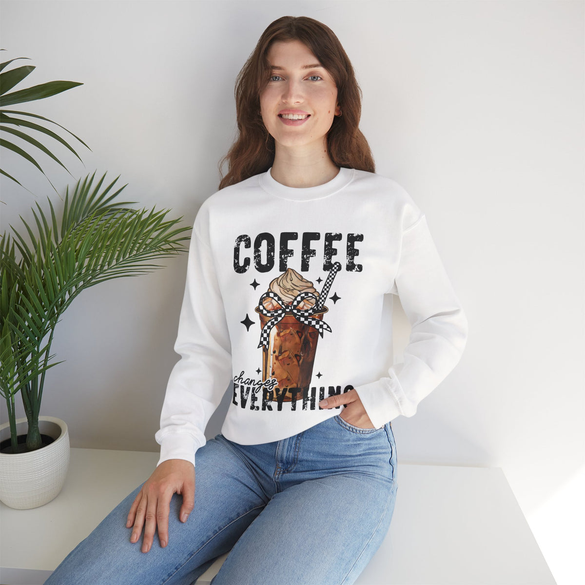 Coffee Changes Everything, Iced Coffee, Coffee Lovers – Gildan Heavy Blend | Trendy Women’s Soft Sweatshirt. Direct to Garment. Printed & Shipped in the USA. Unisex Sizes.