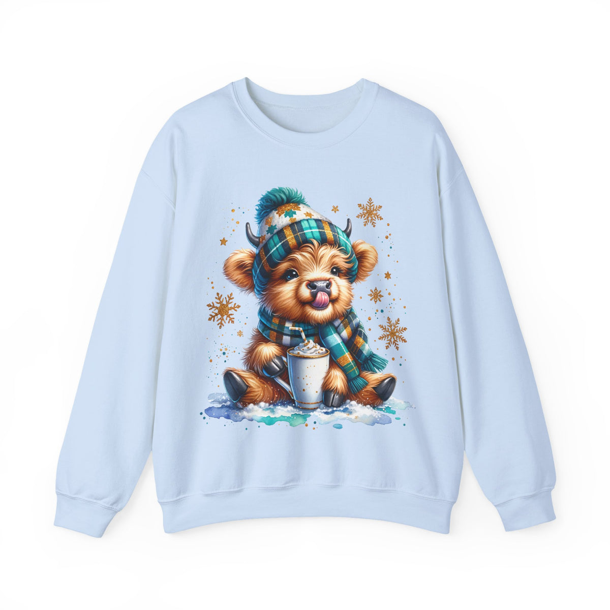 Winter Baby Highland Cow with Cocoa – Gildan Heavy Blend | Trendy Women’s Soft Sweatshirt. Direct to Garment. Printed & Shipped in the USA. Unisex Sizes.