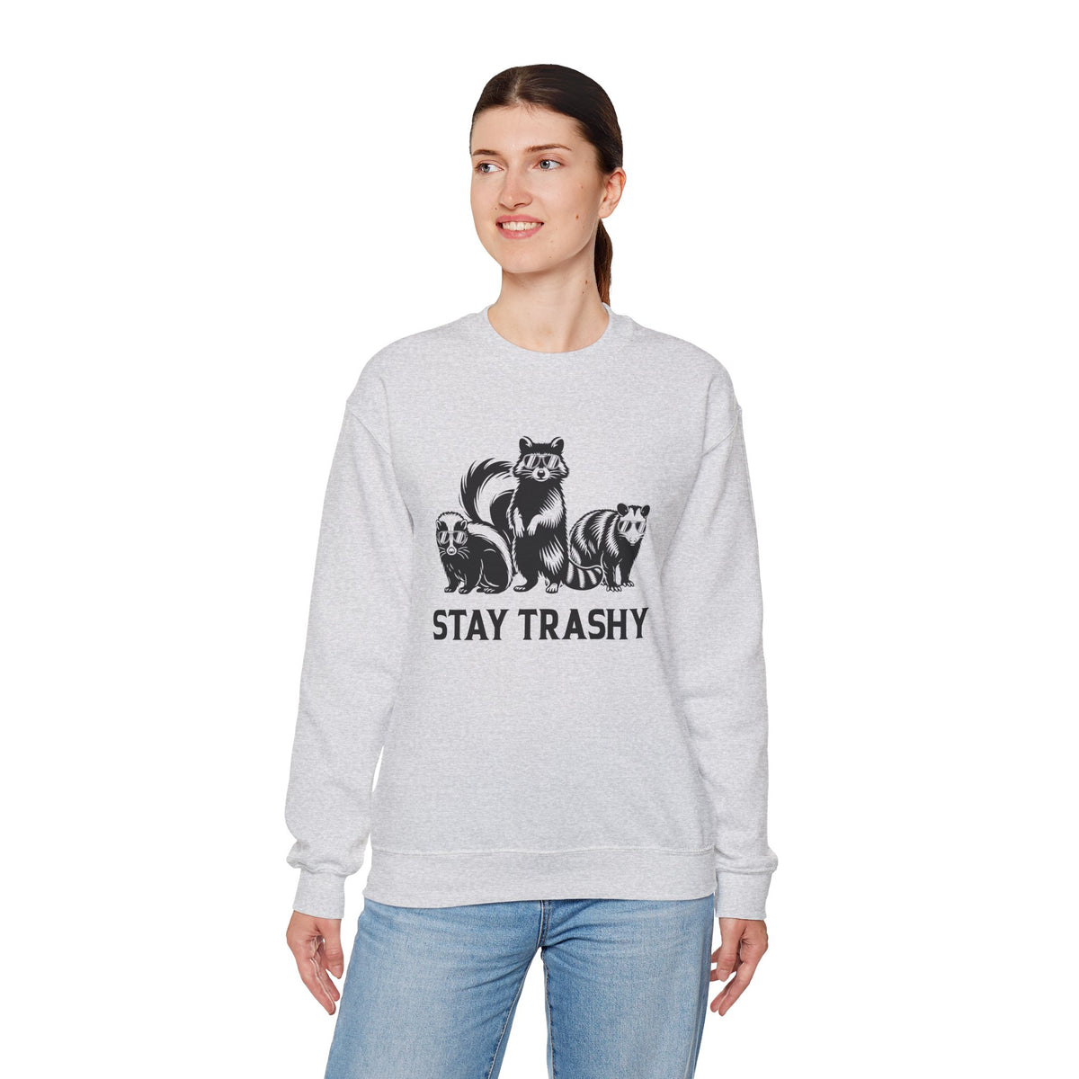 Stay Trashy, Skunk Raccoon Possum – Gildan Heavy Blend | Trendy Women’s and Men's Soft Sweatshirt. Direct to Garment. Printed & Shipped in the USA. Unisex Sizes.