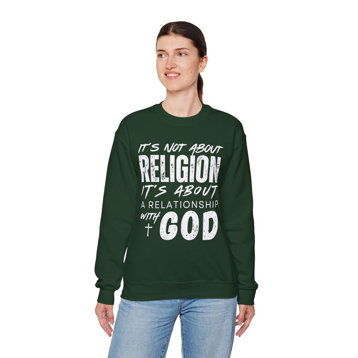 It's Not About Religion, It's About a Relationship with God – Gildan Heavy Blend | Trendy Men's and Women’s Soft Sweatshirt. Direct to Garment. Printed & Shipped in the USA. Unisex Sizes.