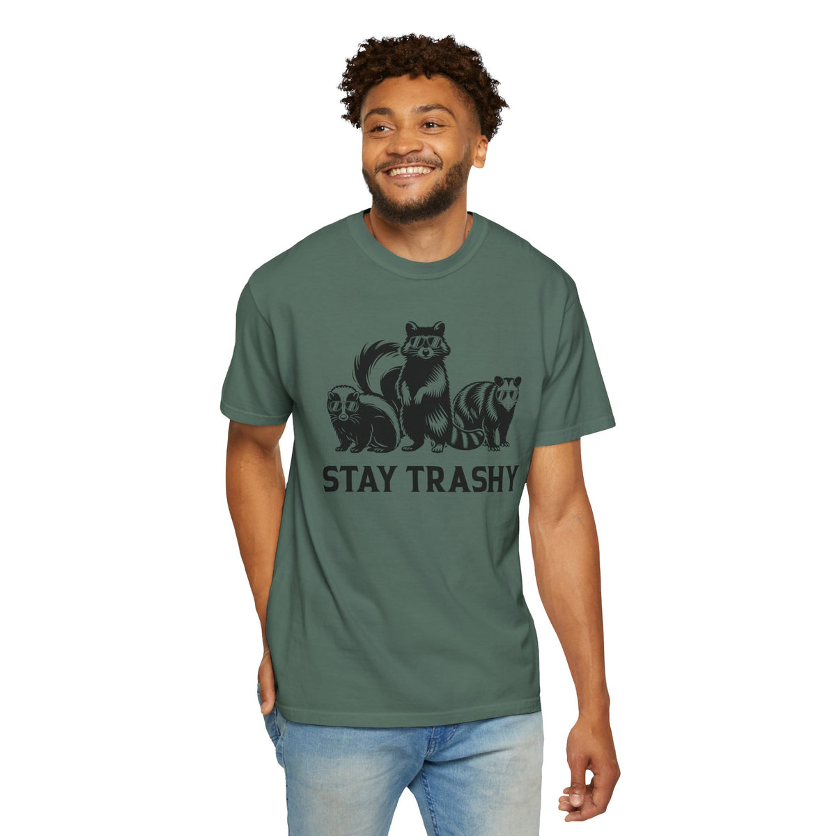 Stay Trashy, Skunk Raccoon Possum - Comfort Colors | Trendy Women's and Men's T-Shirt. Direct to Garment. Printed & Shipped in the USA. Unisex Sizes.
