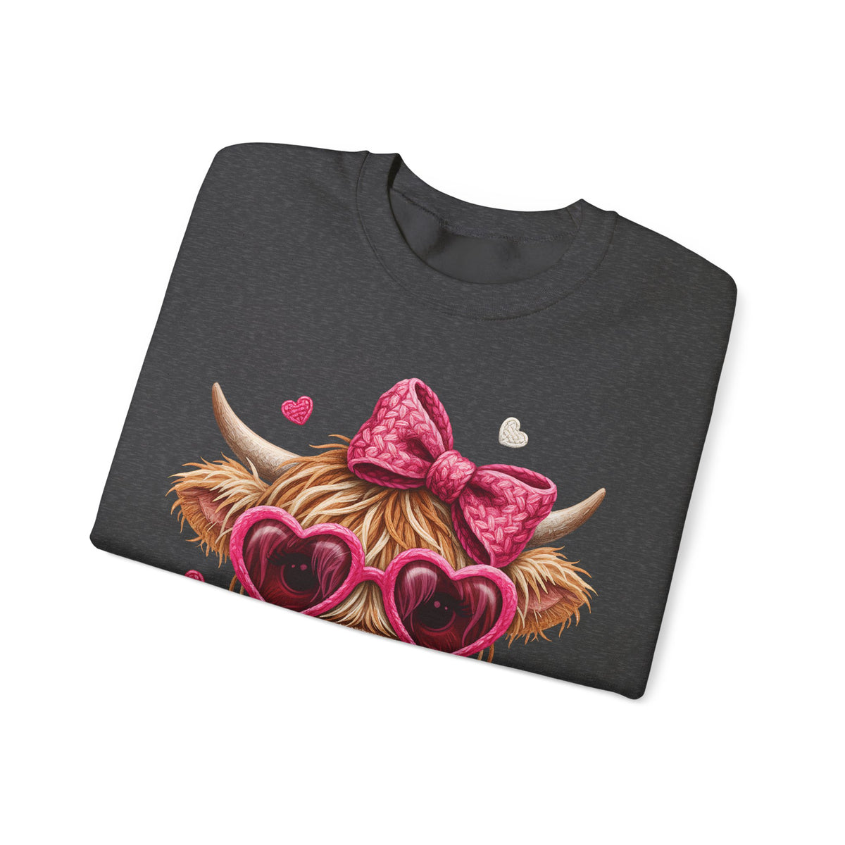 Highland Cow - Pink Heart Shaped Glasses – Gildan Heavy Blend | Trendy Women’s Soft Sweatshirt. Direct to Garment. Printed & Shipped in the USA. Unisex Sizes.