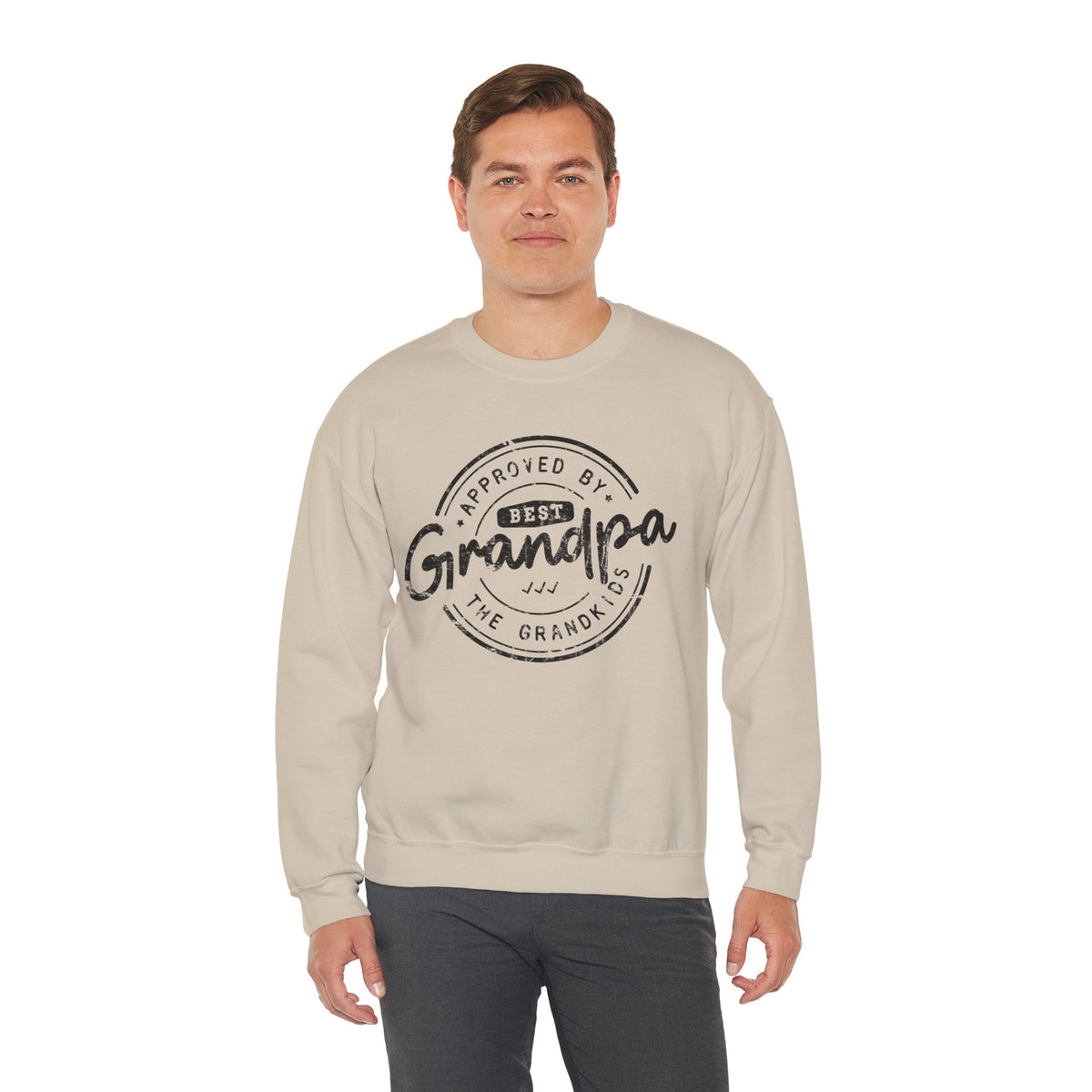 Best Grandpa, Approved by the Grandkids – Gildan Heavy Blend | Trendy Men's Soft Sweatshirt. Direct to Garment. Printed & Shipped in the USA. Unisex Sizes.