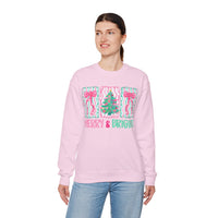 Merry & Bright Christmas - Pink & Green Holiday Tree Design – Gildan Heavy Blend | Trendy Women’s Soft Sweatshirt. Direct to Garment. Printed & Shipped in the USA. Unisex Sizes.